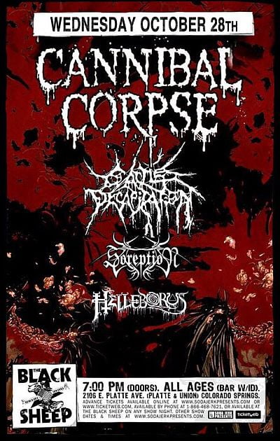 CANNIBAL CORPSE on October 28th in Colorado Springs, CO at The Black Sheep