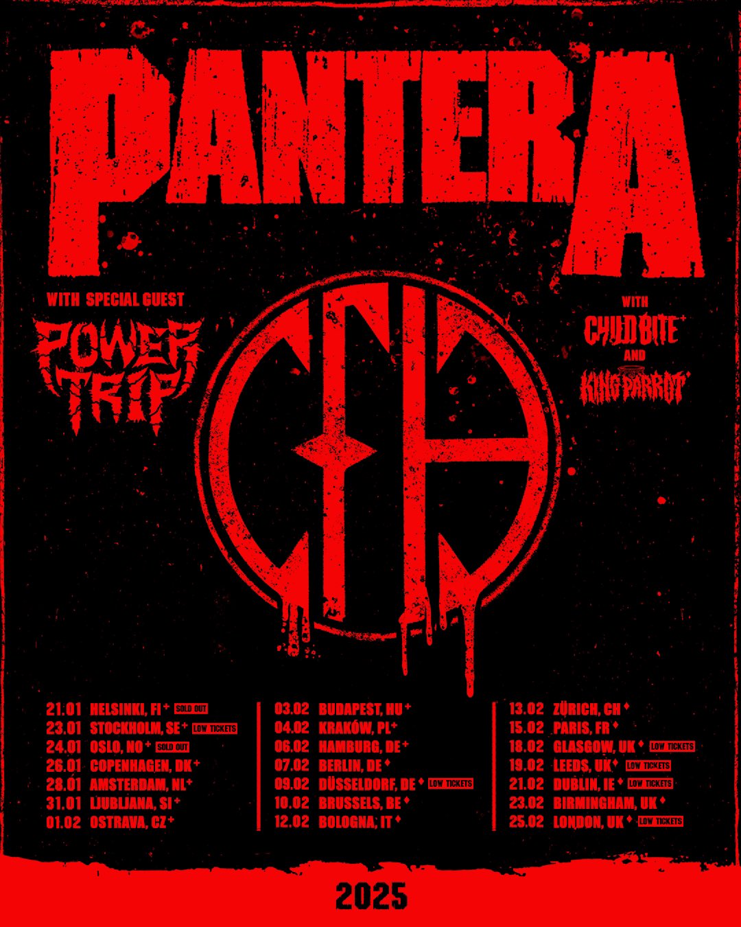 PANTERA with POWER TRIP as Support for 2025 European Dates. Plus Child Bite and King Parrot